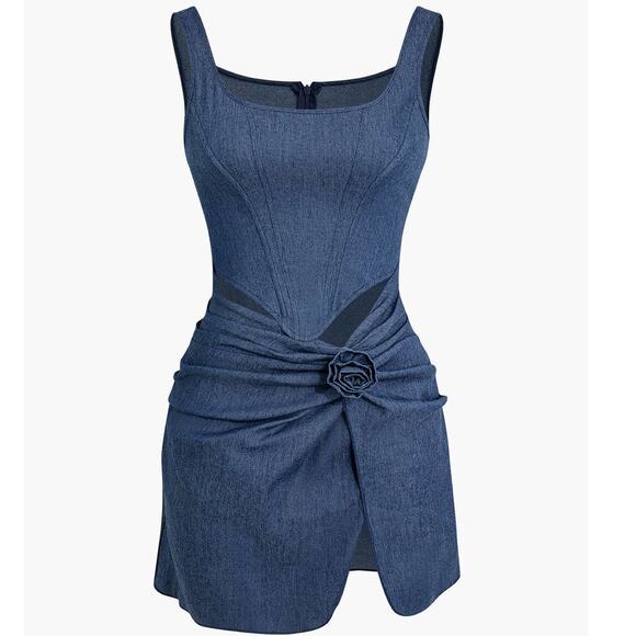 Micas 3D Flower Ruched Girly Tank Dark Wash Mini Denim Dress XL - Picture 1 of 5